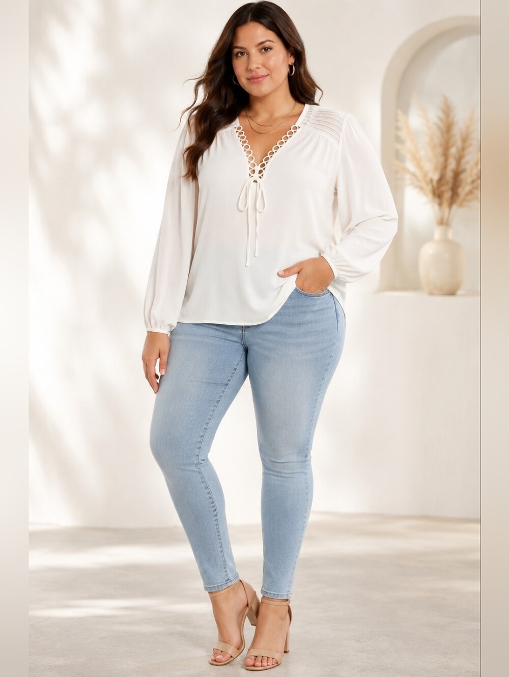 CeCe Circle Trim Pintuck Top NWT Ivory,White Size Medium Romantic,Neutral, Basic
